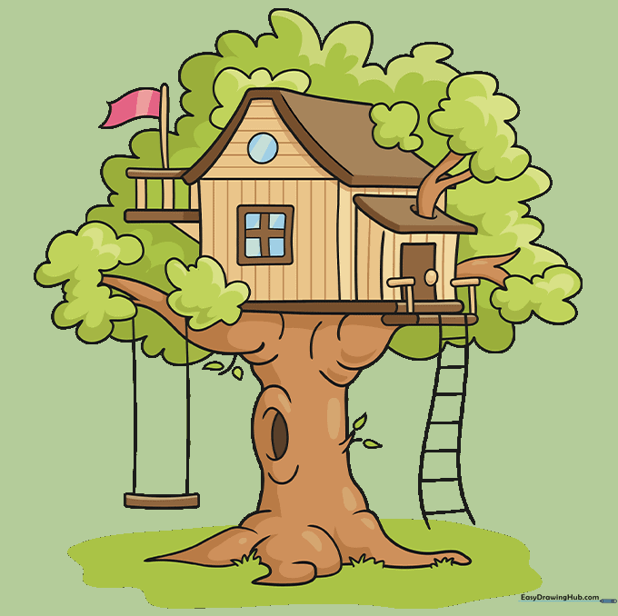 A fully colored cartoon tree house drawing with vibrant green leaves and brown wood textures.
