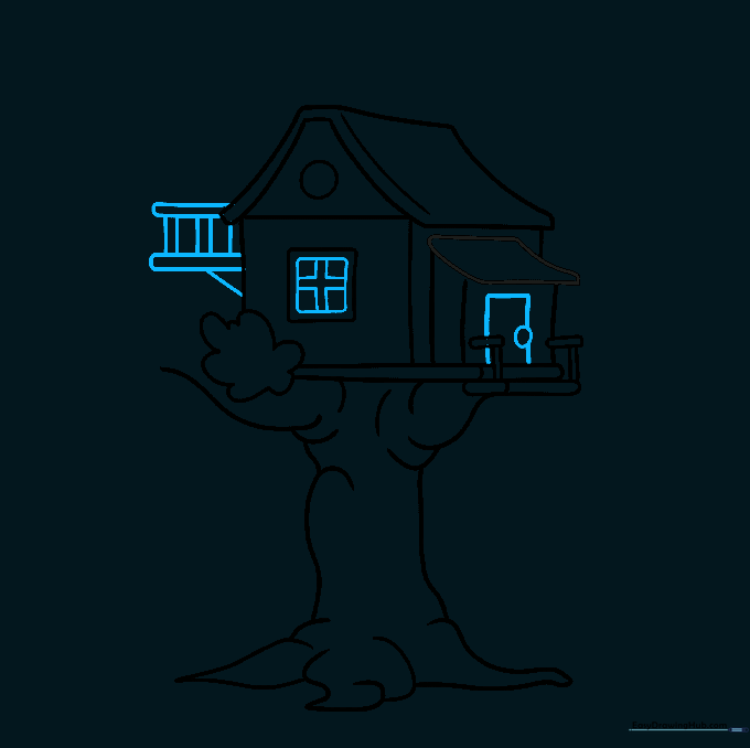 Drawing of the tree house door, window frames, and back deck area.