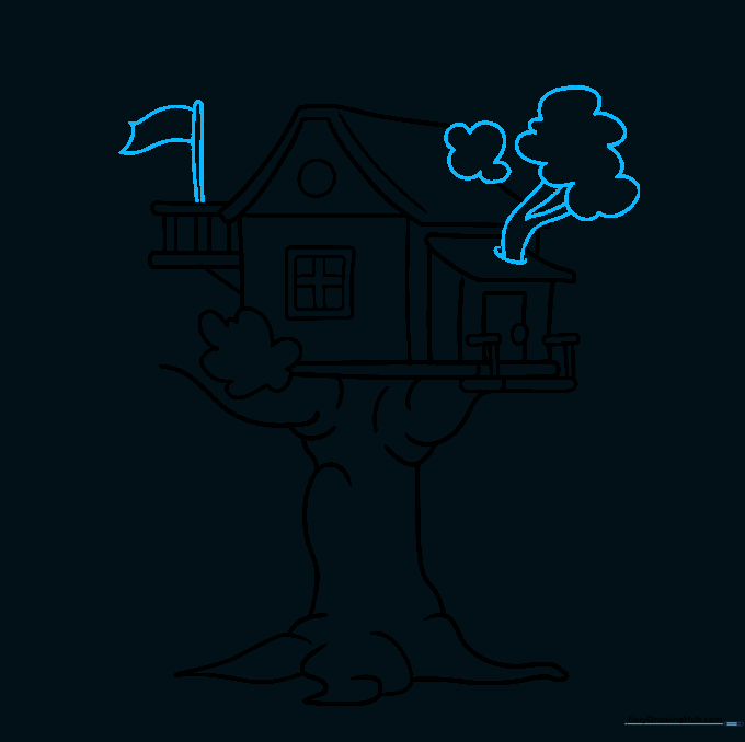 Sketch of a flagpole on the porch and tree branches growing through the roof.