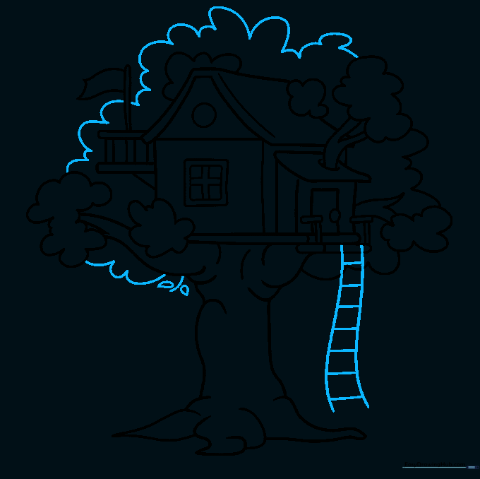 Sketch of a rope ladder hanging from the tree house structure.