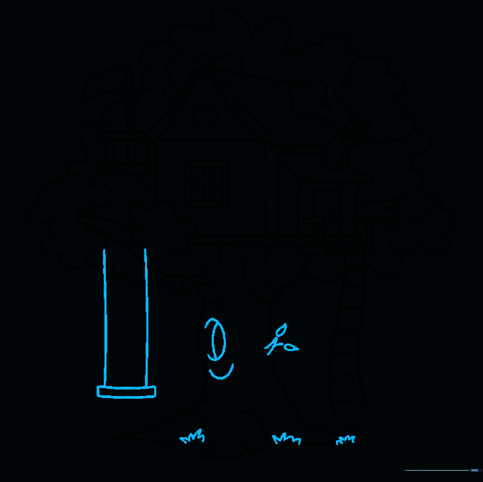 Final line art showing the completed tree house with a swing and grass details.