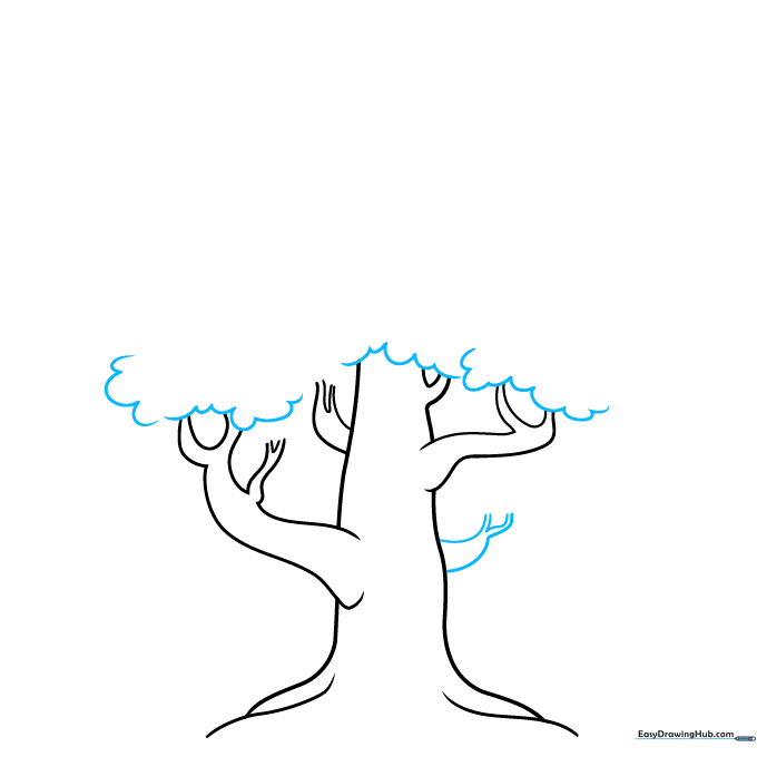 Sketching smaller branches and the beginning of a cloud-shaped leaf canopy.