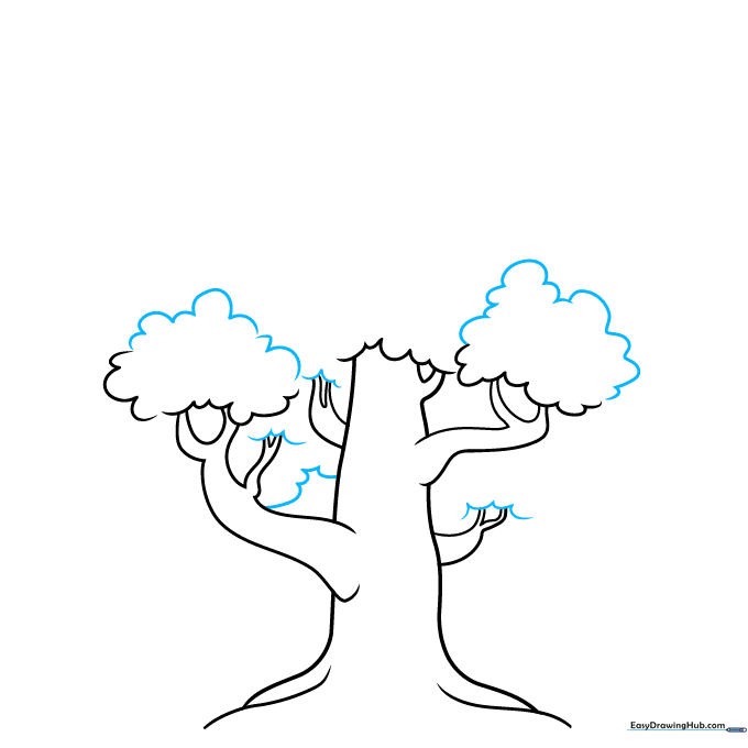 Adding additional rounded shapes to expand the tree's leafy canopy.