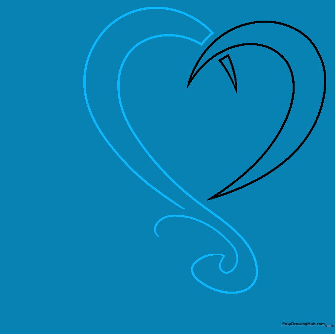 Drawing the second half of the heart with a line that curls into a spiral at the bottom.