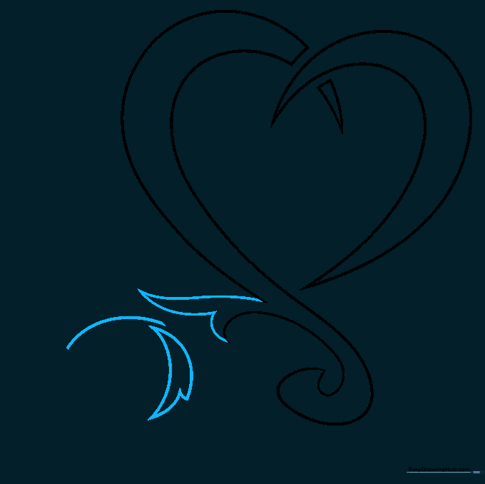 Adding a ribbon-like tail to the heart and starting the outline of a rose petal.