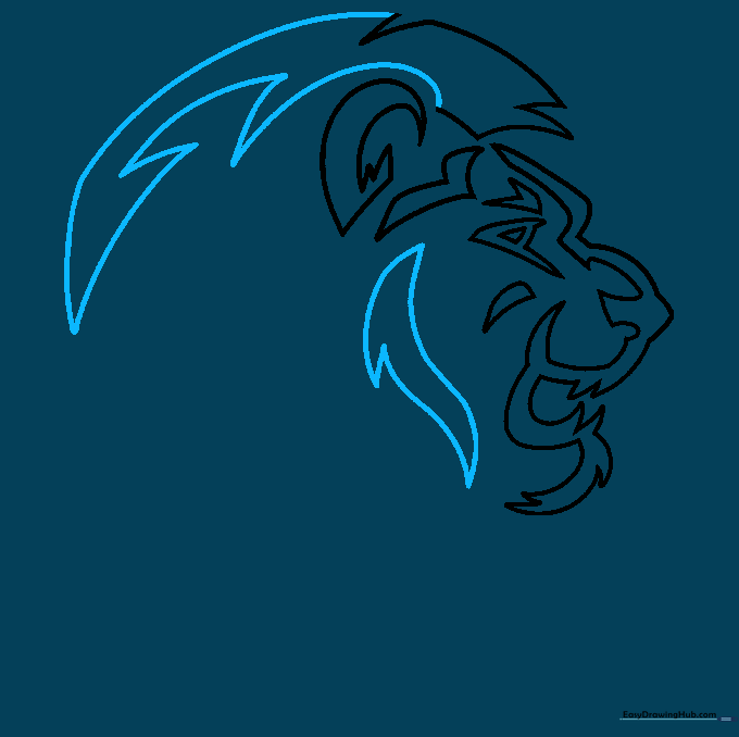 Sketch showing the expansion of the lion's mane with long, flowing tribal-style lines.