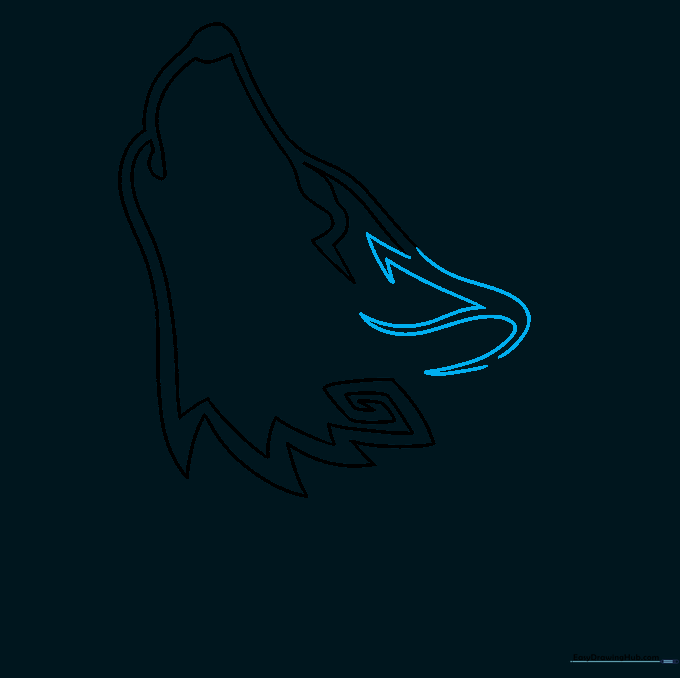 Drawing the wolf's ear with sharp, geometric tribal patterns.