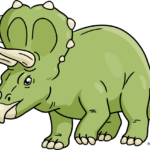 A friendly, colorful cartoon Triceratops standing in a simple landscape.