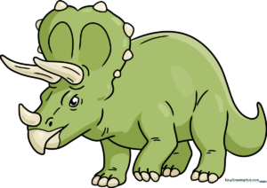 A friendly, colorful cartoon Triceratops standing in a simple landscape.