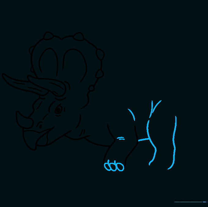 Drawing the muscular back leg and toes of the Triceratops.