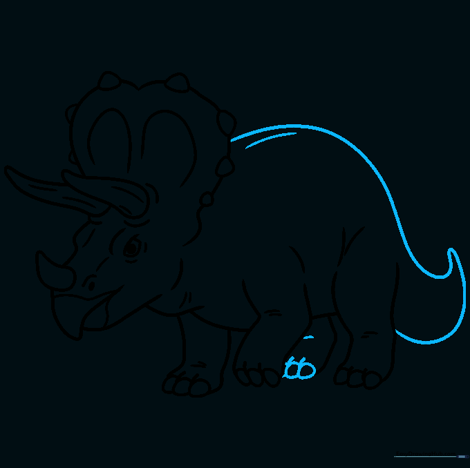 Drawing the back and tail of the Triceratops to complete the outline.