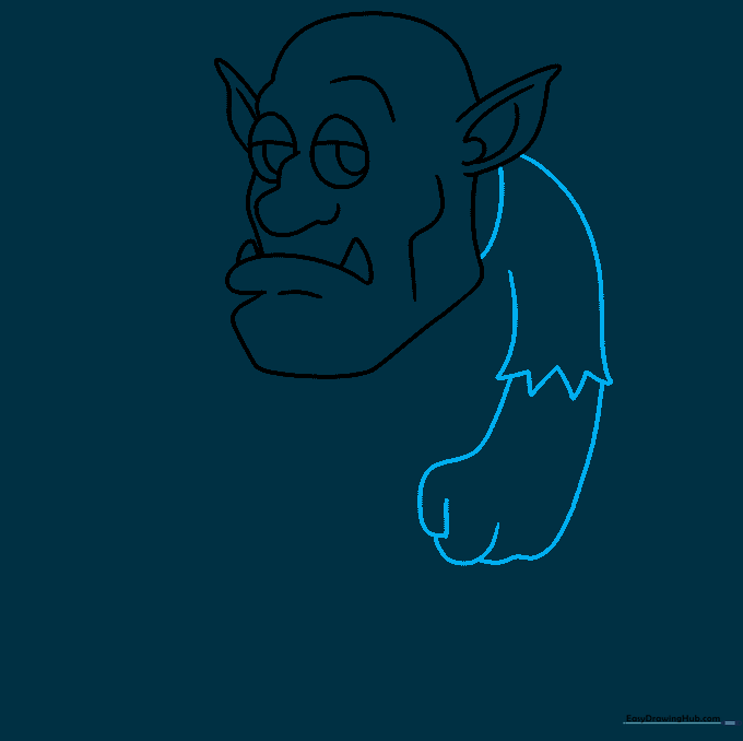Sketching the troll's clothing, arm, and hand with jagged sleeve details.