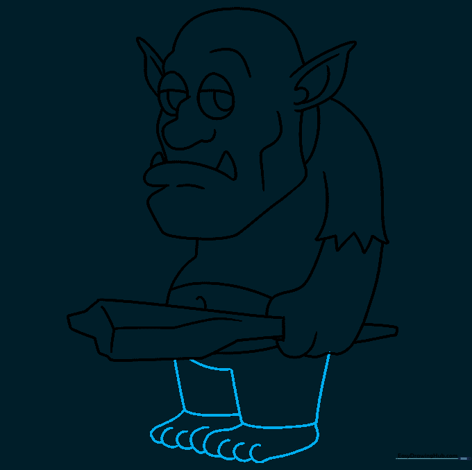 Completing the troll's legs and feet with simple, rounded shapes.