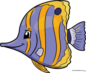 A colorful, finished drawing of a tropical butterflyfish swimming.
