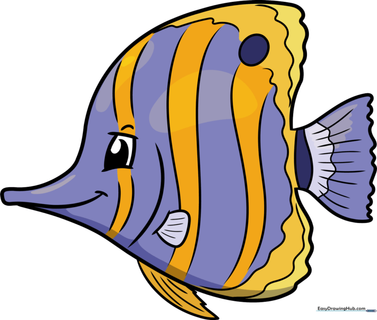 A colorful, finished drawing of a tropical butterflyfish swimming.