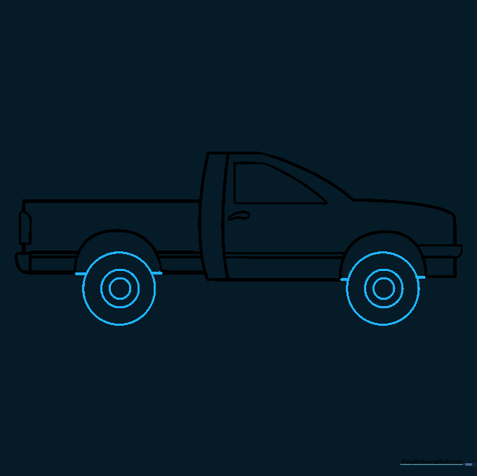 Detailed drawing of the truck tires with hubcaps.