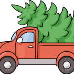 A colorful, finished illustration of a vintage truck hauling a Christmas tree, perfect for holiday art projects.