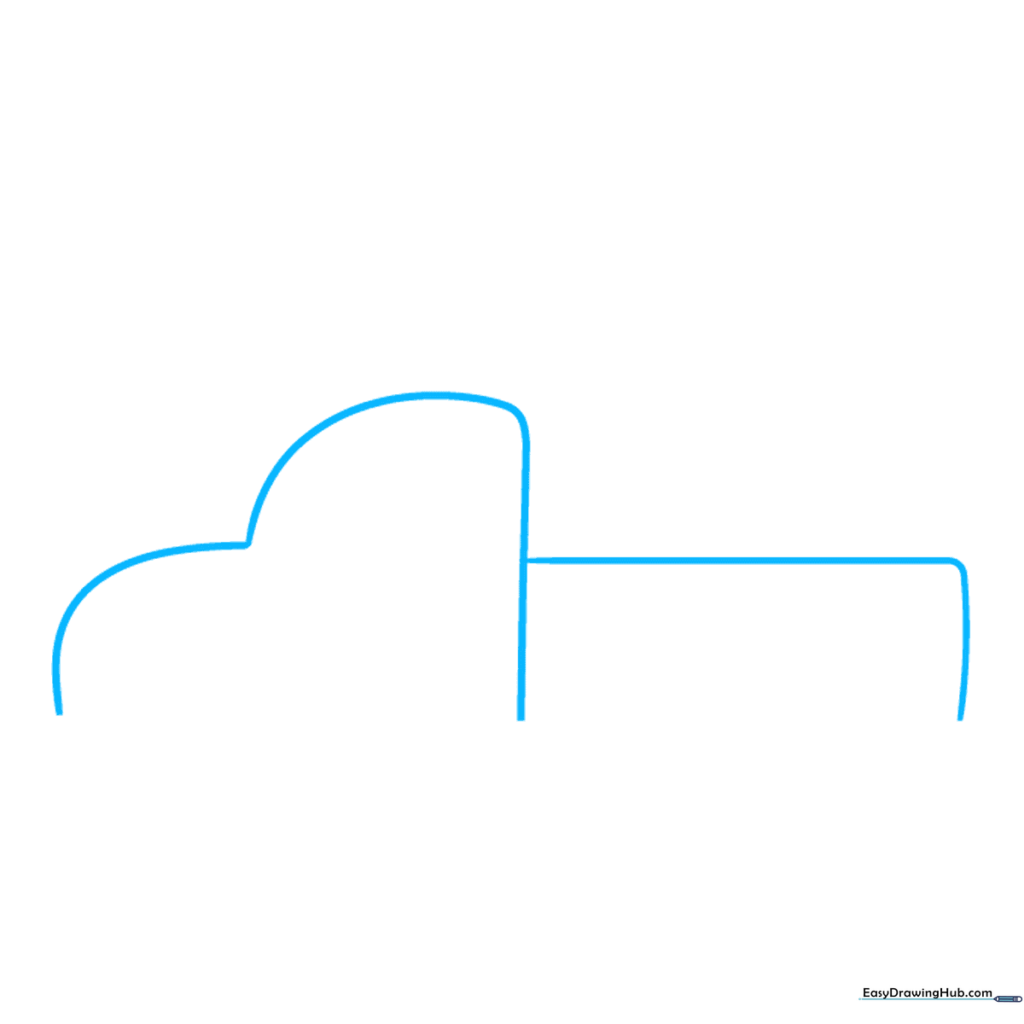 Pencil sketch showing the basic outline of a pickup truck cab and bed on a white background.