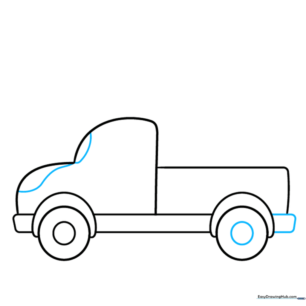 Refining the truck hood, windshield, and rear wheel details.