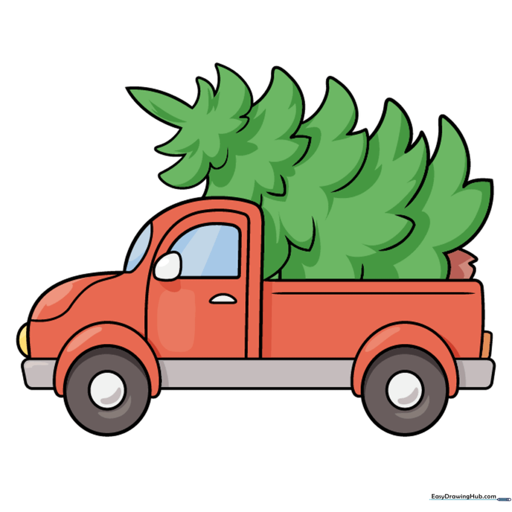 A fully colored, festive drawing of a truck carrying a Christmas tree.