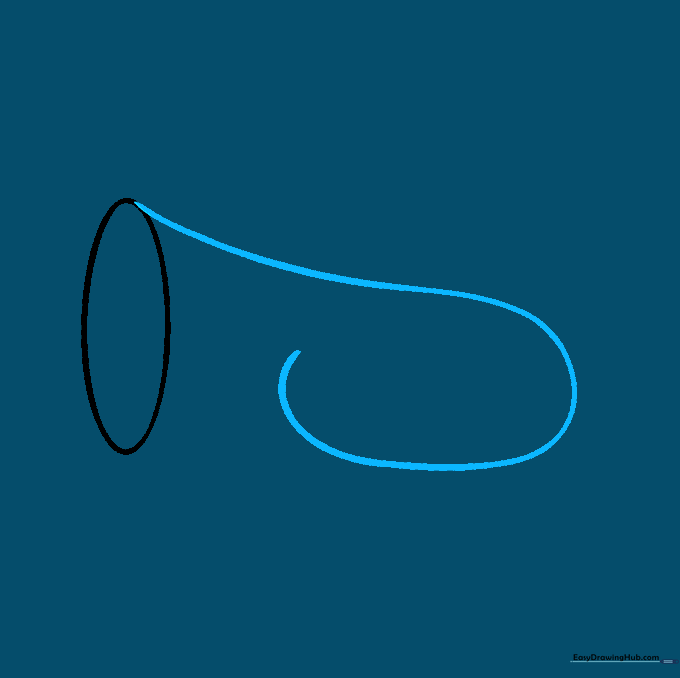 A curved line extending from the top of the oval to begin the trumpet's bell structure.