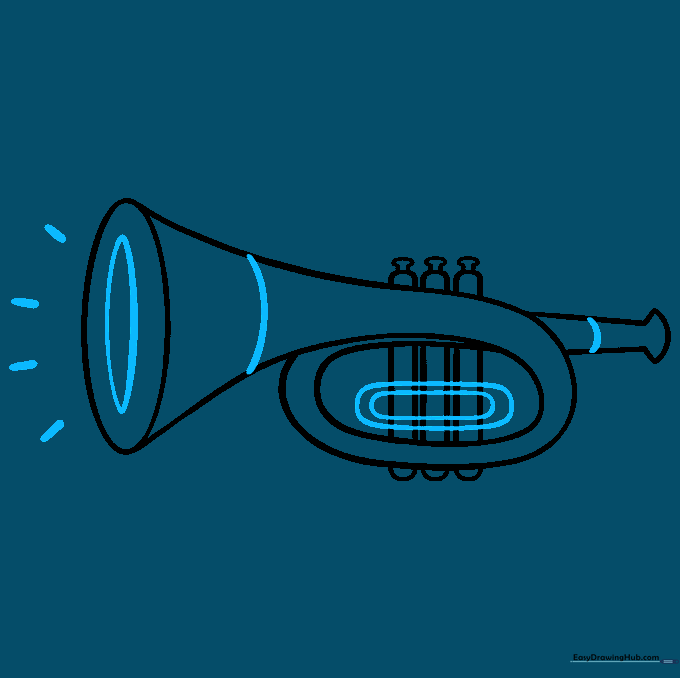 Final details including sound lines and valve markings added to the trumpet.
