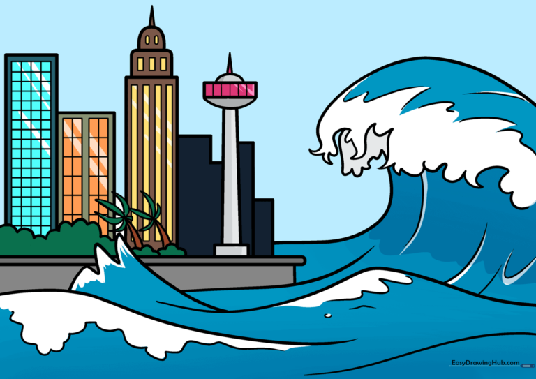 A colorful, finished cartoon tsunami crashing over a city skyline.