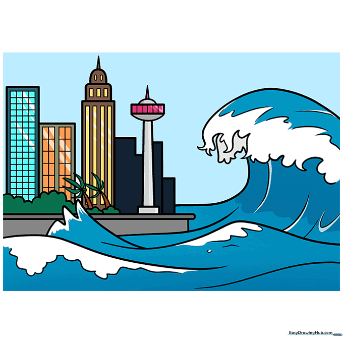 Fully colored tsunami drawing with vibrant blues, greens, and city colors.