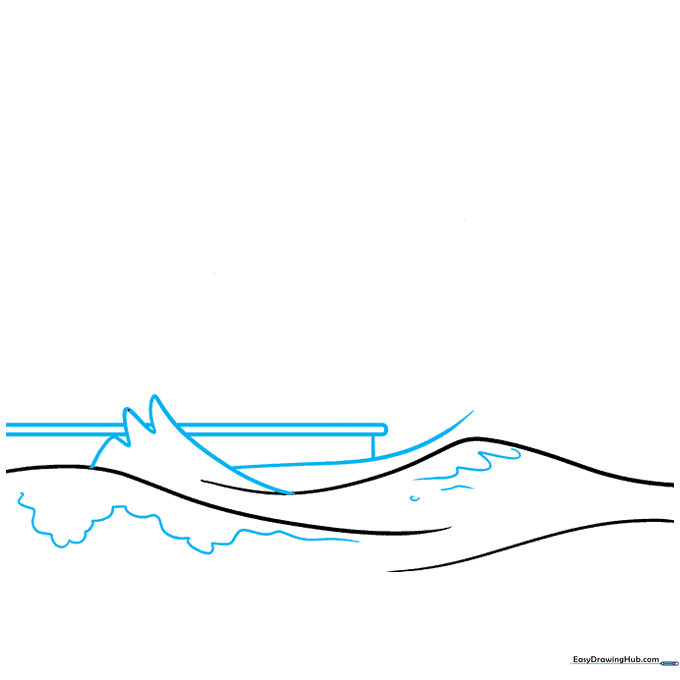 Drawing showing the addition of rounded wave shapes and a straight horizon line for the ground.