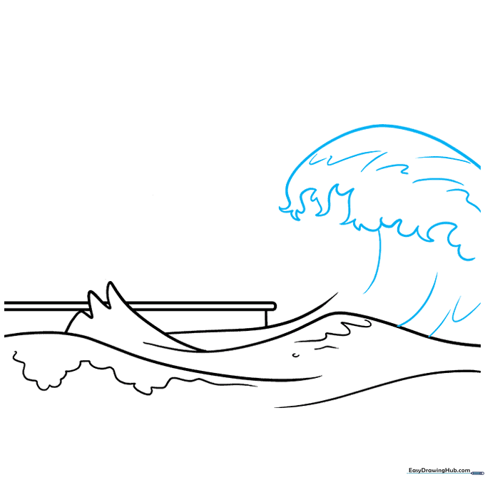 Adding dynamic, flame-like wavy lines to the top of the tsunami wave to suggest movement.