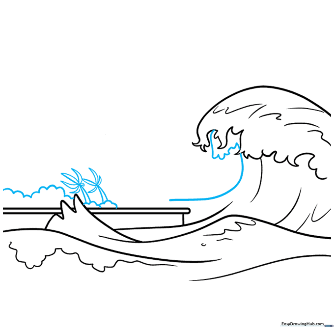 Adding palm tree silhouettes and additional splashing detail to the wave outline.