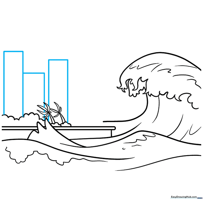 Adding rectangular building shapes to the background using a ruler for straight edges.