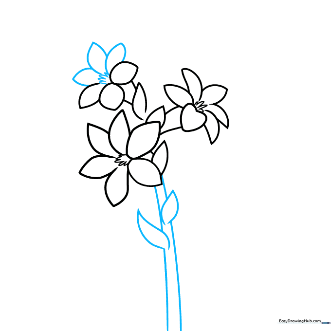Adding leaves to the stem of the tuberose drawing to create a natural plant structure.
