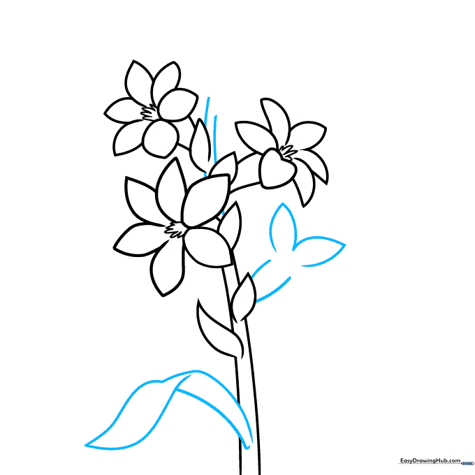 Adding a long, curved leaf and additional flower details to the tuberose stalk.