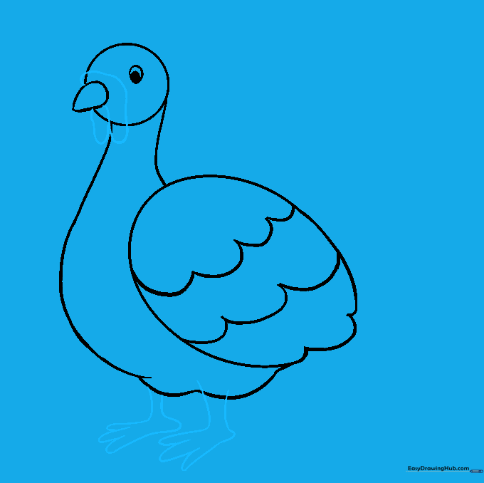 Turkey drawing showing the addition of a wattle under the beak and two feet with toes at the bottom.