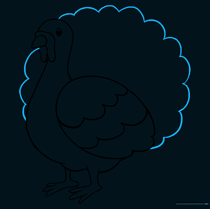 Turkey drawing with a large, scalloped fan-shaped tail added behind the body.