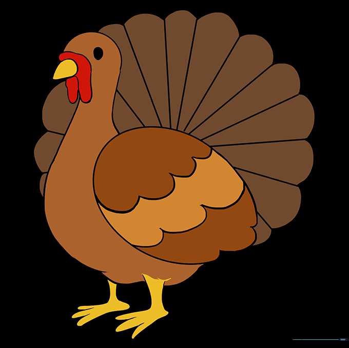 Finished turkey drawing colored with brown, orange, and red tones.
