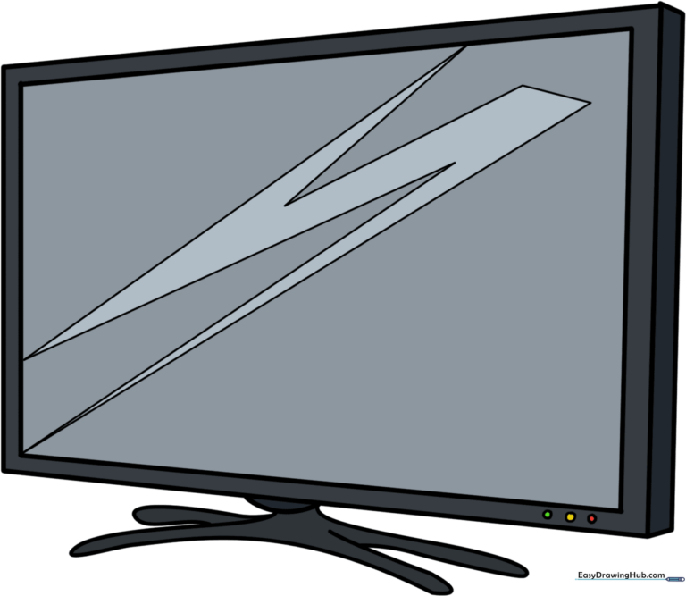 A colorful, finished drawing of a modern television on a stand.