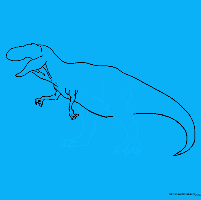 Sketching the strong, muscular hind legs and feet of the T-Rex.