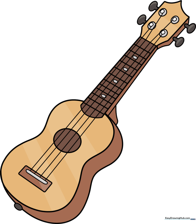A vibrant, finished drawing of a ukulele, perfect for kids to use as a reference for their own art.