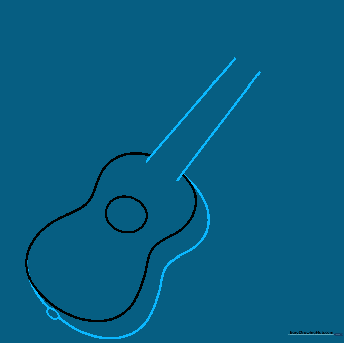 Drawing the neck of the ukulele extending from the body, with an added curved line to show the side panel.