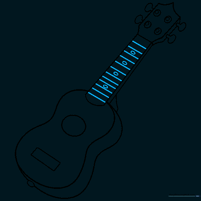 Adding horizontal fret lines and position markers along the neck of the ukulele.