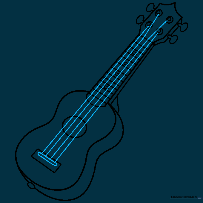 Drawing four parallel strings stretching from the bridge to the headstock of the ukulele.
