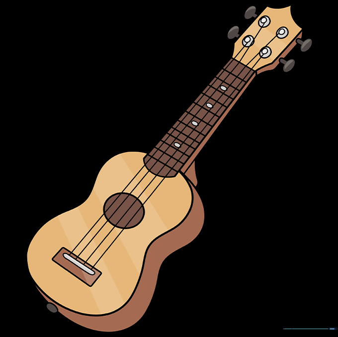 A finished, colored illustration of a brown wooden ukulele.