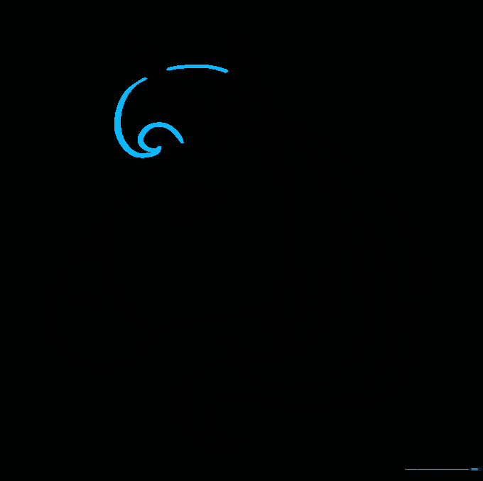 A lock of hair drawn over the unicorn's forehead.