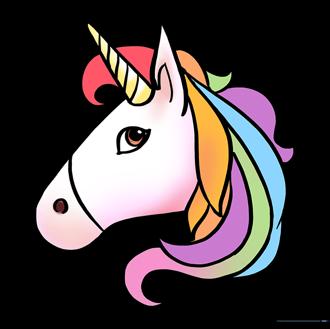A fully colored, vibrant unicorn emoji with a rainbow mane and golden horn.