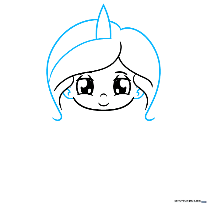 A cartoon girl's head with flowing hair and a triangular unicorn horn on top.