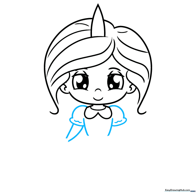 The torso of the unicorn girl showing puffy sleeves with scalloped edges.