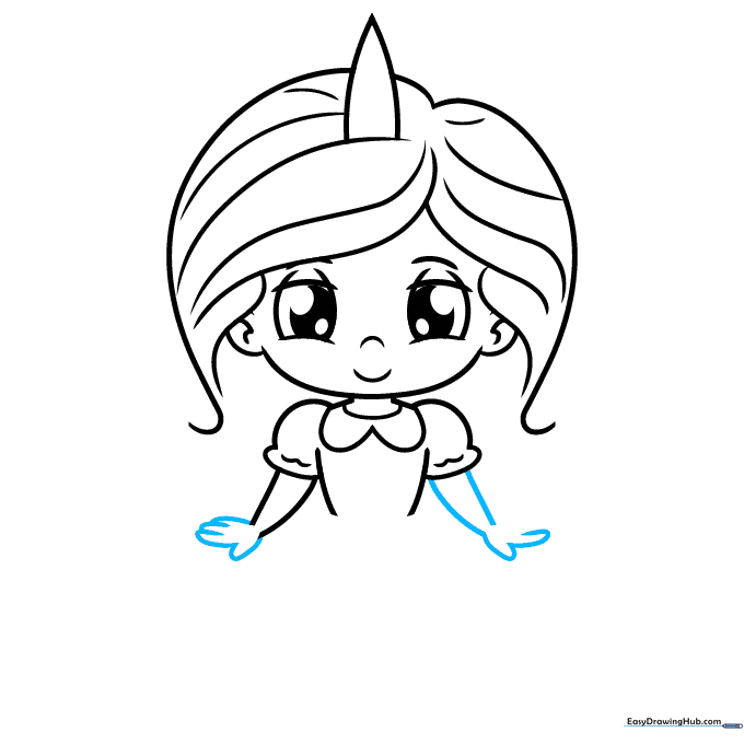 The upper body of the unicorn girl with arms and hands drawn in a relaxed position.