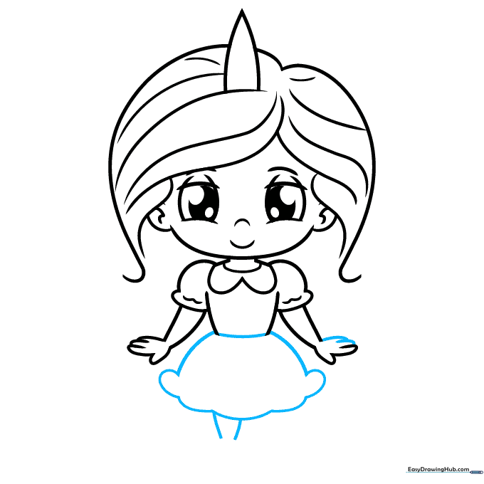 The lower body of the unicorn girl showing the skirt and one leg.